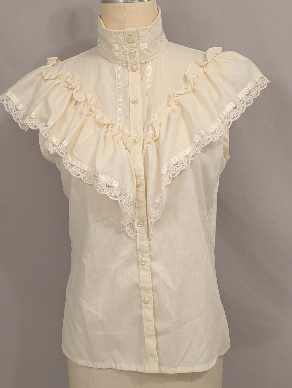 Gunne Sax Vintage Lace-Trim Ruffle High-Neck Shell Top - Cream Sleeveless